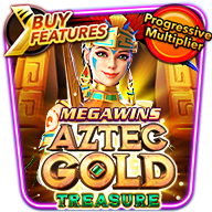 MegaWins Aztec Gold Treasure slot game icon with Aztec temple and bonus feature labels.