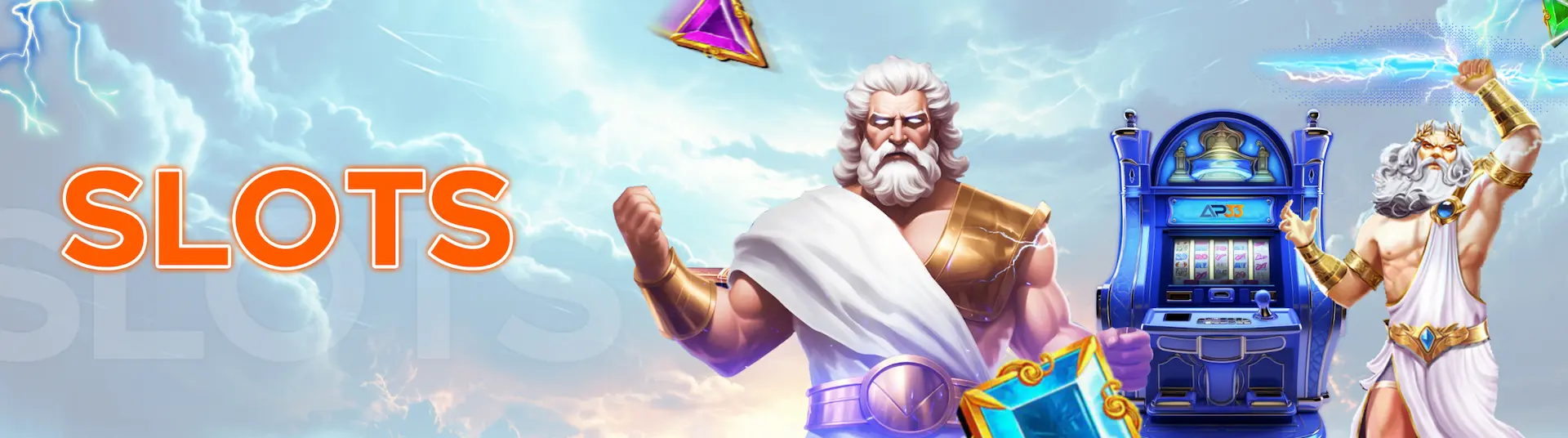 AP33 online slots banner featuring Zeus and a slot machine with lightning effects.