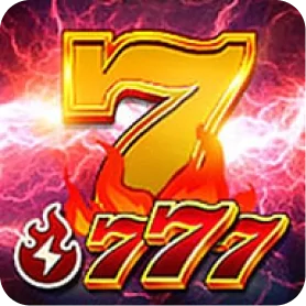 777 slot game icon featuring a golden number seven with fiery effects.