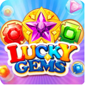Lucky Gems slot game icon featuring colorful sparkling gems and a purple star jewel.