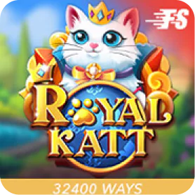 Royal Katt slot game icon featuring a royal white cat wearing a crown with treasure and gold coins.