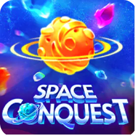 Space Conquest slot game icon featuring a glowing planet surrounded by cosmic rings in outer space.
