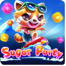 Sugar Party slot game icon featuring a cheerful cartoon character surrounded by candies and sweets.